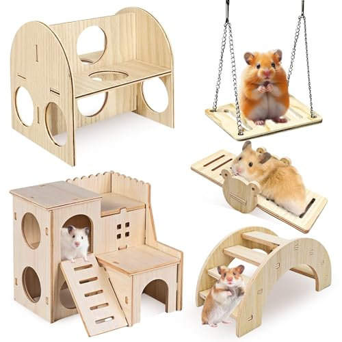 WANDGU 5 Stück Hamster Spielzeug aus Holz: Hamster Kauspielzeug, Brücke Wippe Schaukel und Trainingspielzeug, Meerschweinchen Spielzeug, DIY Spielplatz für Meerschweinchen Ratten Zwerghamster