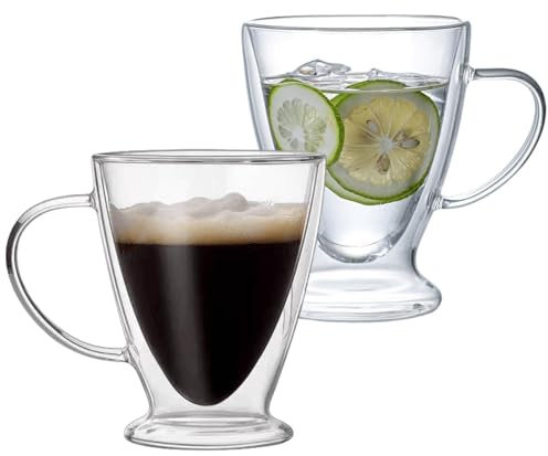 Irish Coffee Glass Mugs, Crystal Clear Mug with Handle, Double Walled Glass Cups for Hot & Cold Beverages, Drink Glasses Cups, Heat Resistant (Clear, 2pcs)