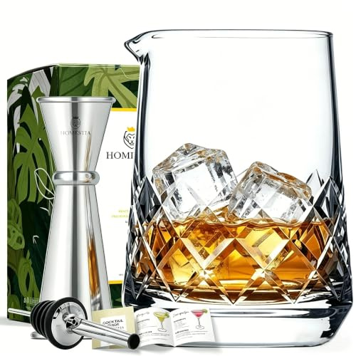 Homestia Cocktail Mixing Glass Set, 25 oz Crystal Cocktail Stirring Glass Beaker Thick Bottom Drink Mixer Glass Cocktail Mixer, 2OZ 1OZ Cocktail Jigger Pourer Set