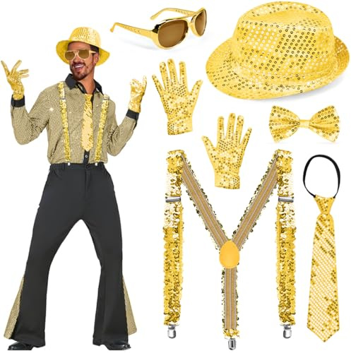 6 Stück Glitzer Outfit Herren Pailletten Hosenträger Set Disco Glitzer Accessoires mit Hut, Hosenträger, Krawatte, Fliege, Handschuhe, Brille, 80 Jahre Kostüm für Disco Karneval Halloween Party, Gold