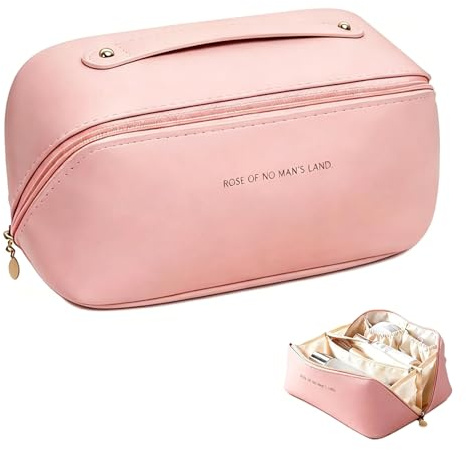 Large Capacity Cosmetic Bag, Portable Travel Makeup Organizer, Waterproof PU Leather Toiletry Bag with Handle and Multi-compartments for Women & Girls (Rose Pink)
