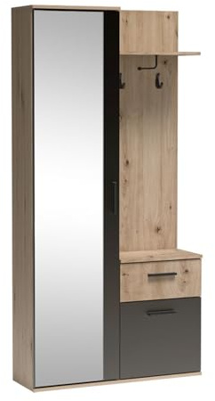 MEBLINI Garderobenschrank Flur mit Spiegel - Garderobe Schrank - Flurgarderobe schmal - Garderobe Flur Möbel Set - Flurschrank hoch - Luxor - 97x30x195cm R/L - Artisan Eiche/Schwarz