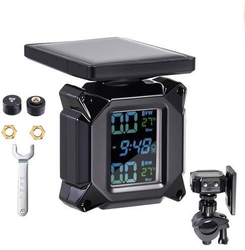 Tyre Pressure Monitor, Solar Power Motorcycle TPMS Wireless Tyre Pressure Monitoring System, IP65 Waterproof Motorbike Tire Pressure Monitor Sensor with Time Display & 2 External Sensors