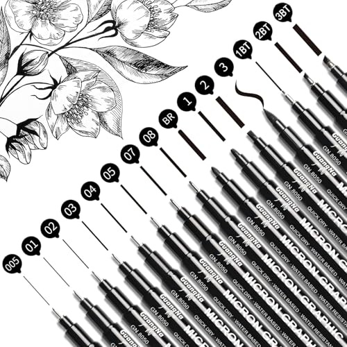 Surcotto Black Fineliner Pens, 15 Pack Fine Liner Pens Black, Drawing Pens for Artist and Adult, Waterproof Micron Pens Set for Sketching Illustration Drawing Anime Manga