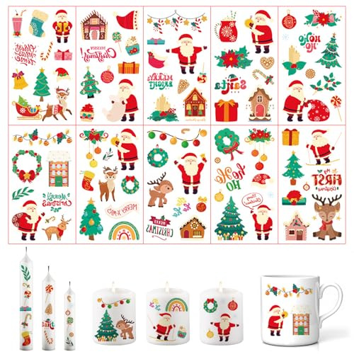 Rub On Sticker, 10 Stück Rub On Aufkleber Weihnachten, Rub On Folie Transferaufkleber, Rub On Sticker Weihnachten für Kerzen, Möbel, Glas, Holz, DIY Basteln Deko (10 Blatt)