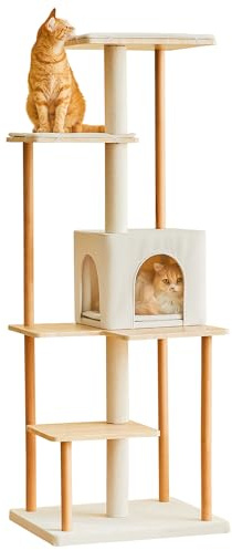 Quuzee Árbol Rascador Grande Moderno de 160 cm - Torre para Gatos Multinivel con Cueva, 4 Postes de Rascador, 3 Plataformas con Cojines de Felpa Fácil Mantenimiento
