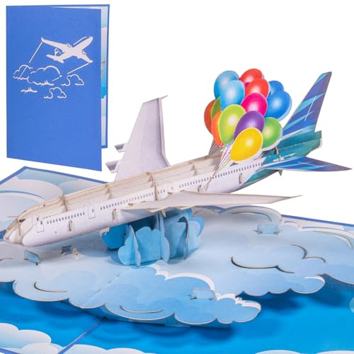 LINPOPUP® 3D Pop Up Karte Flugzeug mit Luftballons – Handgemachte Grußkarte zum Geburtstag, Reise & Abschied, Glückwunschkarte mit Umschlag, N163