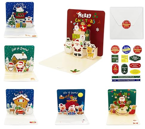 Xcdhemde 6 stycken 3D Julkort med Kuvert och Klistermärken, Popup Christmas Cards, Mini Jul Gratulationskort för Barn, Familj, Vänner