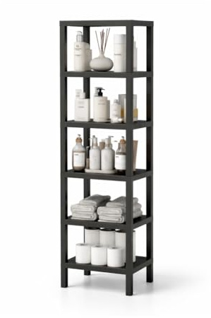 sugodesign OMBEG Estantería de 6 niveles, Estantería de pie o auxiliar flexible, plástico, 10 kg de capacidad por nivel, Montaje sin herramientas, para baño, cocina, oficina (negro)