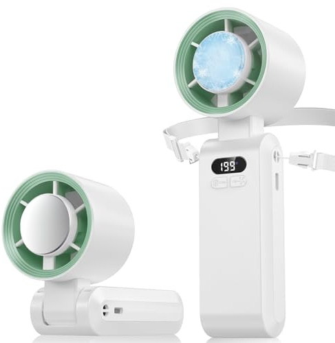 Ventilador de Mano Portatil,Función de refrigeración,5000 mAh,Flujo de Aire Potente de 10 m/s(1-199 velocidad),Ventilador de Cuello Pequeño Plegable USB para Camping,Viajes,Hogar,Oficina (Blanco)