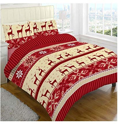 DIGITAL SPOT Luxus-Thermo-Biber-Bettwäsche-Set, Rentier-Motiv, gebürstete Baumwolle, Sheet Set Red Double, Doppelbett