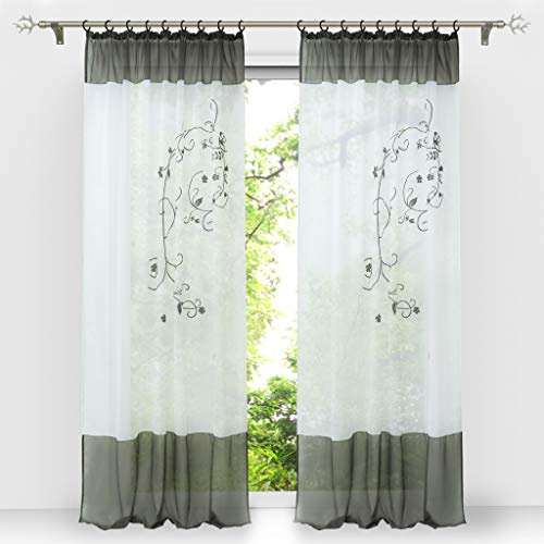 HongYa 1 Stück Bestickte Gardine Transparenter Voile Vorhang Fensterschal mit Kräuselband H/B 175/140 cm Grau