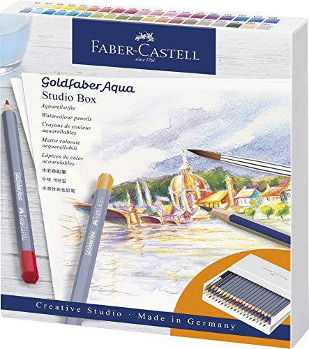 FABER-CASTELL - Aquarellstifte Set 38-teilig Goldfaber Aqua Atelierbox | Atelierbox mit 38 Aquarellfarbstiften, 2 Goldfaber Bleistiften, 1 Rundpinsel - für Hobby- und Einstiegskünstler