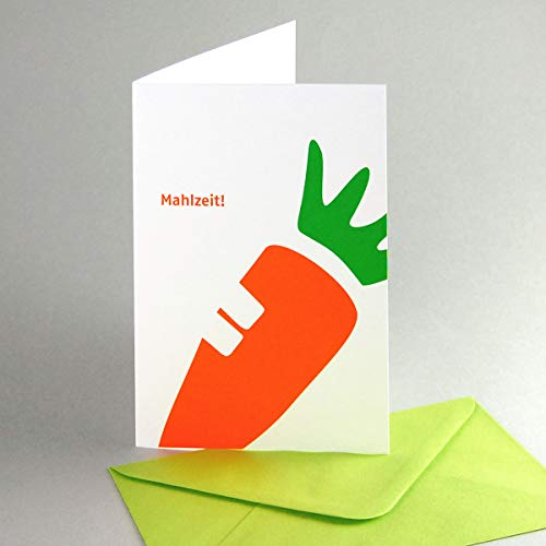 10 Osterkarten mit angebissener Möhre: Mahlzeit! - lustige Klappkarten mit maigrünen Umschlägen (Design: Grit May-Wolff)