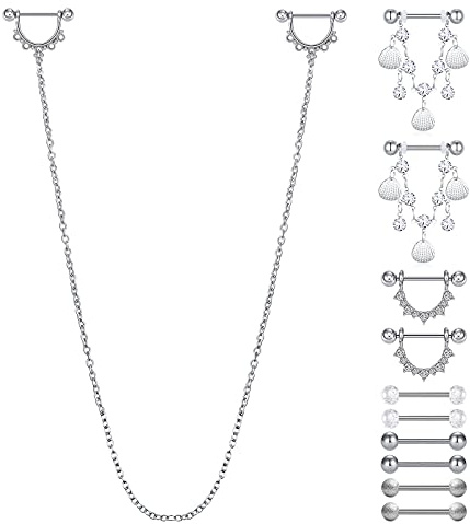D.Bella Brustwarzenpiercing mit Kette Chirurgenstahl Nippel Ringe 14G Zungenpiercing Nippelpiercing 12 STK Barbell Piercing Schmuck Silber