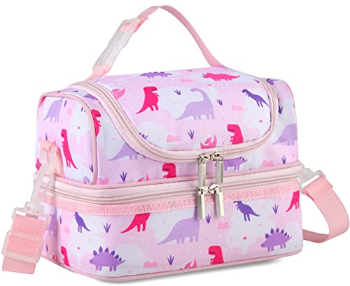 VASCHY - Kids and Girls Insulated Lunch Bag- Separate Compartments, Reusable Lunch Bag with Adjustable Shoulder Strap for School and Picnic (Pink Dinosaur)