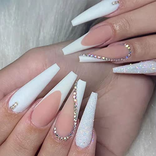 Künstliche Nägel Lange Weiß Falsche Nägel Ballerina Acrylic natürlich Drücken auf den Nägeln Full Cover 24pcs für Frauen und Mädchen