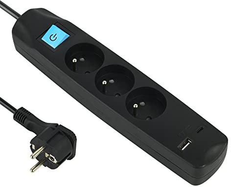 Electraline 35605 Bloc Multiprise 3 Prises Françaises + 2 USB 3.4A 17W (1 Type A + 1 Type C), Avec interrupteur ON/OFF, Fiche Extra Plate 90° 16A, Câble 1.5M