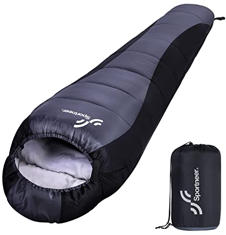 Schlafsack Outdoor Mumienschlafsack: Sportneer 3–4 Jahreszeiten Leichtes Wasserabweisend Schlafsack 5 ℃ - 15 ℃ für Reise Festival Camping Indoor Kleines Packmaß & Ultraleicht, Schwarz+Grau