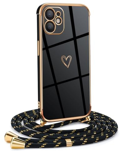 Mkej Frauen Mädchen Handykette Kompatibel mit iPhone 11 - Silikon Hülle mit Band - Handyhülle für iPhone 11 Herz Love Design Galvanik - Hülle mit Kordel in schwarzes Gold