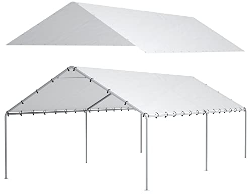 10 x 20 Ft Carport Replacement Canopy Cover Garage Top Tent Shelter Tarp with Free 48 Ball Bungee Cords,White(Only Cover, Frame Not Include)