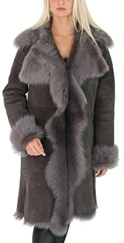 Divergent Retail DR220 Damen Shearling Long Italian Sheepskin Leather Coat Grey, GRAU, 40