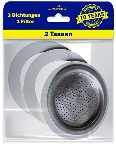 Set of 3 Rubber Gasket and 1 Coffee Filter Suitable for 2 Cup Italian Coffee Makers for Bialetti Moka - Warranty 10 Years - MONTERAL
