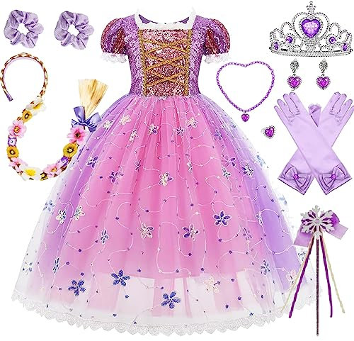 Timesun Puffärmel Angels Prinzessin Rapunzel Kostüm Kleid für Mädchen Kinder Halloween Karneval Party Verkleidung Perücken Kronen Zepter Ketten Ringe Ohrringe (glänzendes Lila, 120)