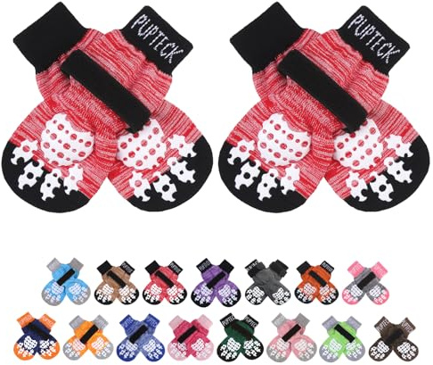 PUPTECK 2 Paar Doppelseitige Anti-Rutsch Hundesocken mit verstellbaren Riemen für den Innenbereich - Hundeschuhe Pfotenschutz Sommer Haustierpfoten Schutz Traktion Kontrolle Socken auf Hartholzboden