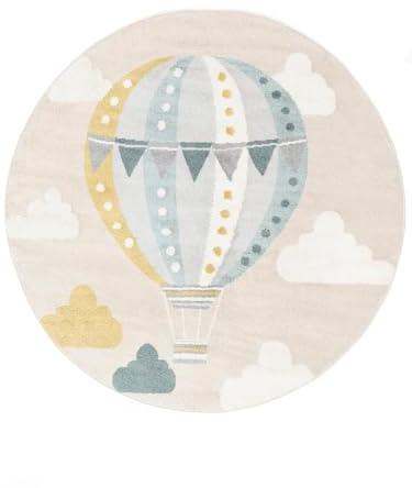 RugVista Balloon Ride Alfombra Infantil, Ø 150 cm, Beige/Azul