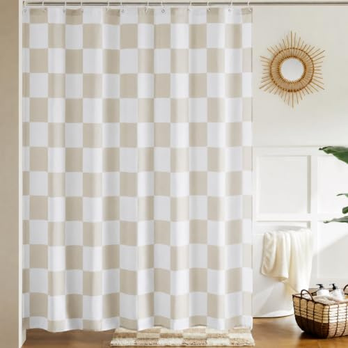Ohocut karierter Duschvorhang für Badezimmer, hübsches, neutral wirkende Retro-Schachbrettmuster, Duschgardine in Vintage-Ästhetik, maschinenwaschbar, Stoffduschvorhang, Beige, 183 x 183 cm