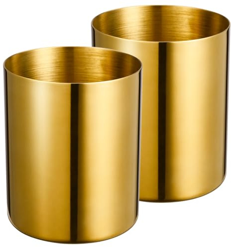 Lidwot Set mit 2 goldenen 304 Edelstahl hochglanzpolierten runden Stifthalter - nordischer Stil Bleistiftbecher & Make-up-Pinsel-Organizer für Büro, Zuhause, Küche, Bad und Schminktisch