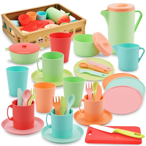 37PCS Kids Kitchen Set, Pretend Play Tea Party Set with Storage Basket, Colourful Cooking Accessories Toy Gift for Boys & Girls Age 3+