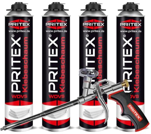PRITEX WDVS Klebeschaum Set, 4x 750ml Dämmstoffkleber inkl. Pistole