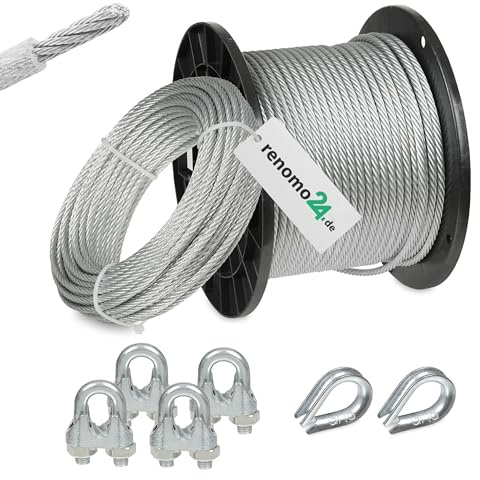 Renomo24 Drahtseil Set 1 - Stahlseil 40m 4mm 6x7 verzinkt und ummantelt, 4x Bügelklemmen, 2x Kauschen