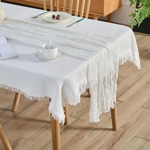 Swsen 2 Stück Käsetuch Tischläufer Weiß 90 x 300cm, Boho Gaze Hochzeit Tischläufer - Romantischer Hochzeitsläufer für Hochzeit, Geburtstag, Brautdusche, Babyparty, Tischdekoration