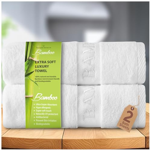 GC GAVENO CAVAILIA Extra Soft Bamboo Bath Sheets White, 80x140cm, 2 Pack | Extra Large 500 GSM, 60% Bamboo 40% Cotton, Highly Absorbent, Hypoallergenic, For Spa, Gym and Hotel