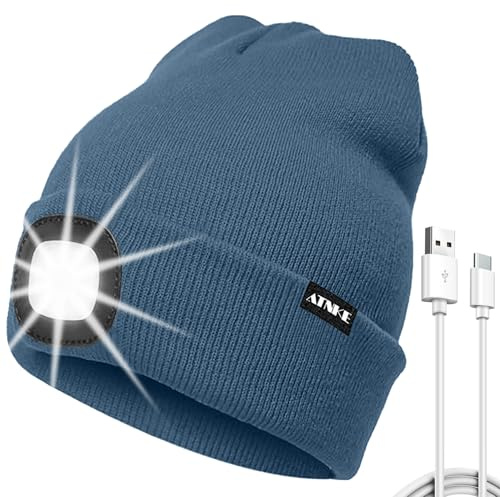 ATNKE LED Mütze mit Licht, USB Typ C Wiederaufladbare 4 LED Beleuchtete Laufmütze Extrem Heller Lampe Winter Warme Stricken Mütze für Herren und Damen Geschenke/Shadow Blue