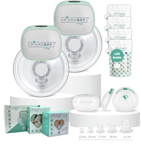 MAMASHY Plus BIS BOX – Tiralatte Elettrico Indossabile per Allattamento | 2 Tiralatte con 6 Taglie, 20 Sacchetti Latte, 2 Coppette Raccogli Latte, 5 Adattatori BPA‑Free, Portatile, Accessori Inclusi