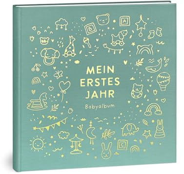 Mein erstes Jahr Babyalbum - Hochwertiges Leinenbuch mit Goldprägung für die schönsten Erinnerungen - Babybuch zum Eintragen für das erste Lebensjahr - Baby Geschenk zur Geburt (Spielzeug Mint)