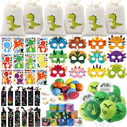 108Pcs Dinosaure Cadeau Anniversaire Décoration Enfants Fête Jouets Œuf Ballon Masque Signet Bracelets à Claques Sac de Cordon DIY Autocollant Dinosaure Cadeaux Invités Anniversaire pour Fille Garçon