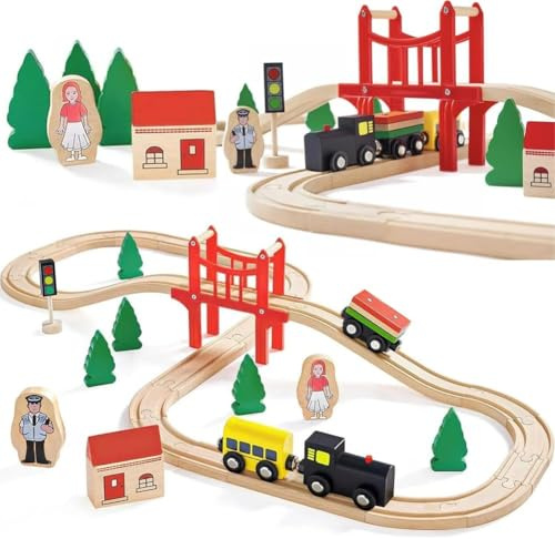 TOPLIVING 39 st tågbana i trä för småbarn, järnvägsträ för barn, kombinerbara tågleksaker, trätåg leksak för barn från 3–7, lämplig för Thomas The Train, Brio, Melissa & Doug och Z