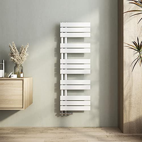 Heilmetz Radiador toallero de Tubo Plano 400 x 1176mm, radiador toallero electrico baño Caliente de una Cara, conexión Lateral para toallero de Agua Caliente,Blanco