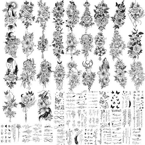 JOOTUEPO Tatouages Temporaires, 60 Feuilles Tatouage Ephemere Autocollants, Faux Tatouages Noirs pour Femmes et Filles, Tatouage Ephemere Imperméables pour Enfants Adultes Hommes et Femmes