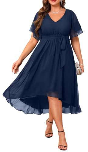 Talisea Kleid in Übergröße, für Hochzeitsgäste – formelles Cocktailkleid, Chiffon, V-Ausschnitt, Kurze Ärmel, hoch niedrig, kurvige Damenkleider, Marineblau, 50 Mehr