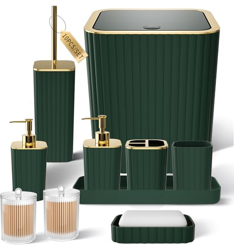 XLHOMO Badezimmer-Zubehör-Set – wunderschönes grünes Badezimmer-Set, 10-teiliges grünes Badezimmer-Zubehör-Set, Badezimmer-Sets mit WC-Bürste, Badezimmer-Mülleimer