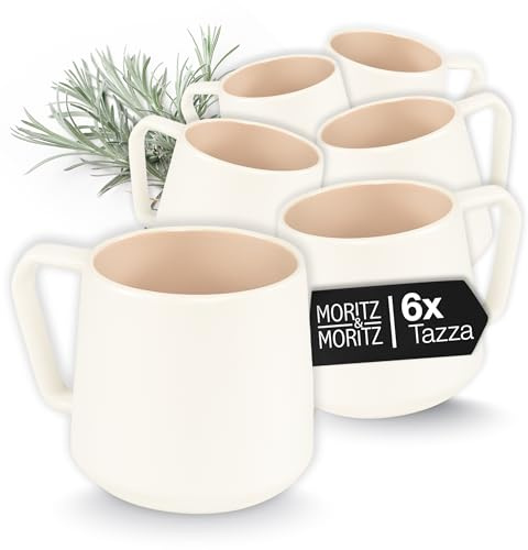 Moritz & Moritz CAVO Juego de 6 tazas de café de almendra – Aprox. 500 ml Hecho de cerámica de alta calidad – Diseño elegante con asa – Tazas con asa para café, té, chocolate caliente, capuchino