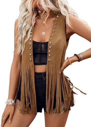 SANSIWU Women's Fringe Vest 70s Hippie Sleeveless Faux Suede Rivets Tassel Vest Waistcoat Cowgirl Western Jacket Cardigan (A-Dark Brown, L)