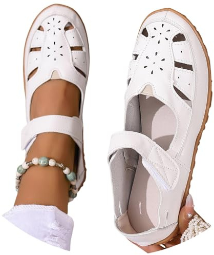 Generisch Sandales plates confortables avec soutien de la voûte plantaire Sandales décontractées à bout fermé pour femmes, Chaussures plates creuses larges, Sandales tendance, Blanc., 42 EU