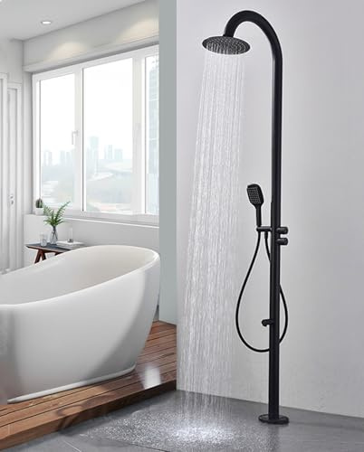 Doccia Esterna Indipendente, Doccia Esterna Drench, Colonna Doccia a Bordo Piscina, Doccia da Giardino con soffione a Pioggia e Rubinetto per doccetta e pediluvio, Nero